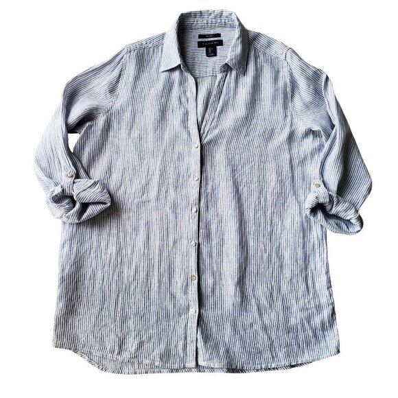 TAHARI 100% Linen Long Button Down Shirt Steel Blue and White Stripes Size L - Picture 5 of 15